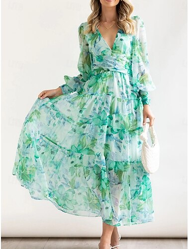  Damen Maxidress Casual kleid Schaukelkleid A Linie Kleid Brautkleider schlicht Täglich Regular Fit Blumen Langarm V Ausschnitt Gelb Orange Grün Sommer Frühling Herbst