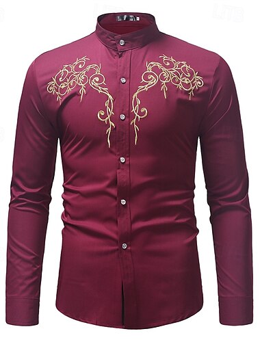  Herren Hemd Lässiges Hemd Smokinghemden Stickerei Verabredung Casual Schwarz Weiß Wein Marineblau Langarm Kargen Frühling & Herbst Bekleidung Bestickt