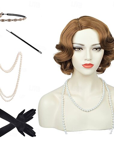  Wellenperücke Frauen Schwarz 1920er Vintage Flapper Perücke Dame Rockabilly kurze lockige Perücke Karneval Party Cosplay Kostüm synthetisches Haar mit Zubehörset Halloween Perücken