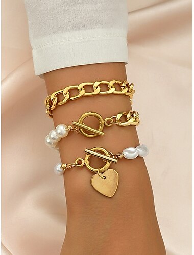  ensemble de bracelets en chaîne en or avec pendentif en forme de cœur et accents de fausses perles – bijoux élégants pour femmes, parfaits pour les fêtes, les mariages et le quotidien