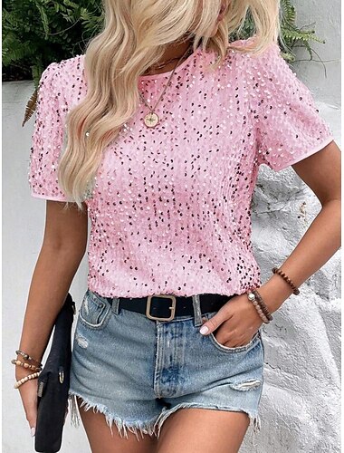  Mujer Camiseta Plano Moda Moderno Casual Manga Corta Cuello Barco Tops regulares Diario Fin de semana Lentejuelas Negro Rosa Dorado Verano Primavera