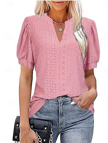  Mujer Blusa Color sólido Elegante Diario Casual Manga Corta Escote en Pico Tops regulares Diario Festivos Noche Retazos Blanco Rosa Verde Trébol Verano Primavera