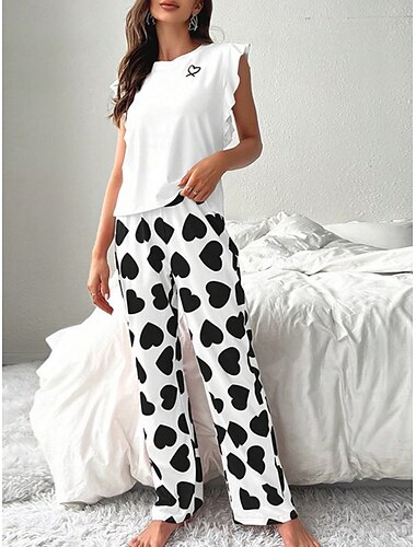  Damen Schlafanzug Set Brautkleider schlicht Komfort Herz Rüsche Elastische Taille Tank Top Hose Heim Valentinstag Täglich Ärmellos Rundhalsausschnitt Schwarz Rosa Rote Sommer Frühling Herbst Regular