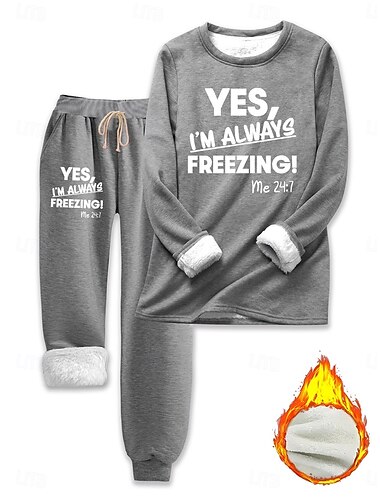  Damen 2-teiliges Loungewear-Set Pyjamas Fleece flauschig langärmliges Oberteil und Hose Textdruck Komfort lässige Nachtwäsche mit Zugband einfarbig gemütlich Winter
