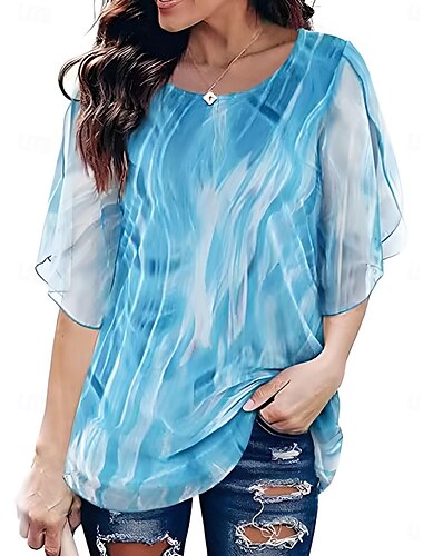  Damen Hemd Bluse Blumen Brautkleider schlicht 3/4 Ärmel Rundhalsausschnitt Normale Oberteile Täglich Gitter Patchwork Bedruckt Schwarz Wein Blau Sommer Frühling