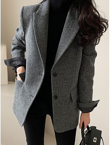  Damen Blazer Sakko warm halten Atmungsaktiv Patchwork Tasche OL-Stil Modern Feste Farbe Büro / Geschäftlich Ausgehen Standard Umlegekragen Regular Fit Langarm Oberbekleidung Braun Grau Herbst Winter