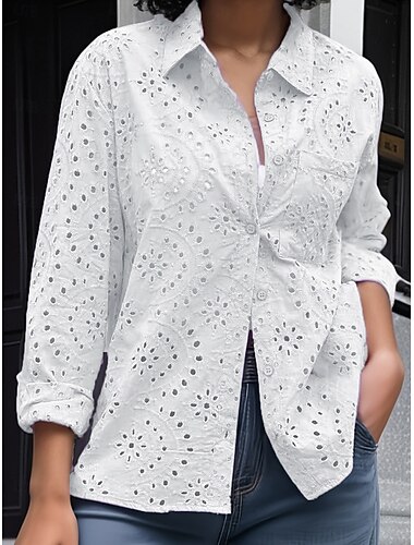  Damen Weiße Elegante Spitze Tops Loch Bluse Florale Reguläre Tops Lange Ärmel Hemdkragen Knöpfe Loch Reguläre Passform Alltag Romantische Kleine Größen Tops Sommerurlaub Kleidung Weiße Lila