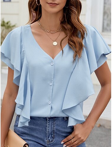  Women's Shirt Blouse Solid Color Basic Casual Short Sleeve V Neck Regular Tops Daily Ruffle Buttons Black Blue Fuchsia Summer Spring Fall