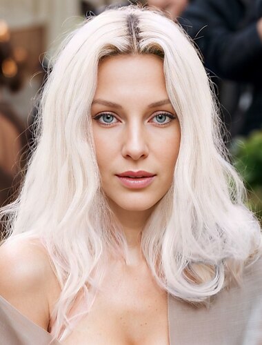  Von Kim Kardashian inspirierte Perücken, Kunsthaarperücke, gewellt, asymmetrische Perücke, lang, platinblond, Kunsthaar, modisches Damendesign, weiches, natürliches Blond