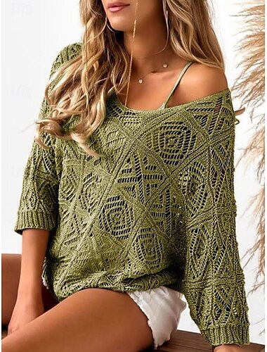  Damen Pullover Brautkleider schlicht Weich Einfarbig Gerippt V Ausschnitt Strick Loch 3/4 Ärmel Normale Oberteile Stricken Outdoor Täglich Wochenende Grün Leicht Blau Sommer Frühling