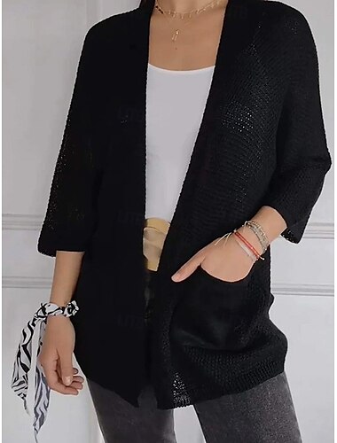  Damen Pullover Strickjacke Elegant Modisch Strassenmode Einfarbig V Ausschnitt Tasche Strick Langarm Normale Oberteile Stricken Outdoor Täglich Wochenende Schwarz Weiß Herbst Winter