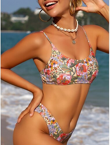  Damen Badeanzug Bikinis 2 Stück Cheeky-Bikinihose Bademode Rückenfrei Schlank Urlaub Strandbekleidung Blumen Rundhalsausschnitt Ärmellos Badeanzüge