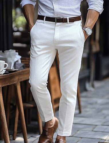  Herren Anzughose Leinenhosen Hose Sommerhose Tasche Gerader Schnitt Einfach Komfort Atmungsaktiv Volle Länge Formell Outdoor Geschäft Streetwear Smart Casual Schwarz Weiß