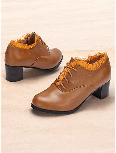  Mocasines de piel sintética marrón para mujer con ribete de encaje con volantes | Cómodos y elegantes para uso diario