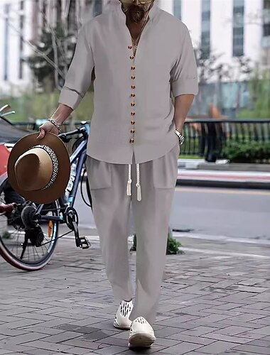  Hombre 2 Piezas Conjunto de camisa Conjuntos a juego Camisa casual Abotonar la camisa Blanco Rosa Color Caquí Gris Manga Larga Plano Cuello alto Vacaciones Calle Ropa Moda Casual