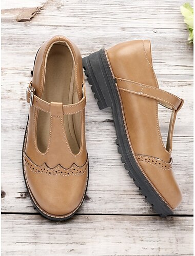  Zapatos Mary Jane con tiras en T de piel sintética color tostado para mujer con detalles brogue y suela resistente para un uso diario cómodo y atuendos de estilo vintage