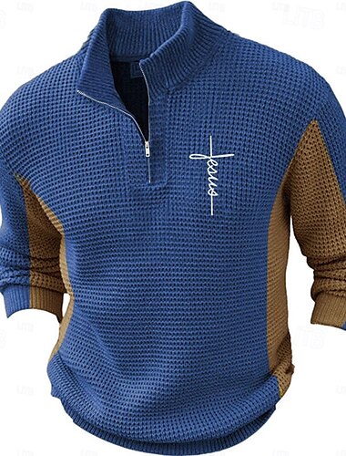  Hombre Fe Suéter de punto Jersey con cremallera Suéter Polo Escote Chino Retro Antiguo Ropa de fiesta de noche Diario Vacaciones Bordado Cremallera Tejido en Punto Manga Larga Otoño Invierno Azul