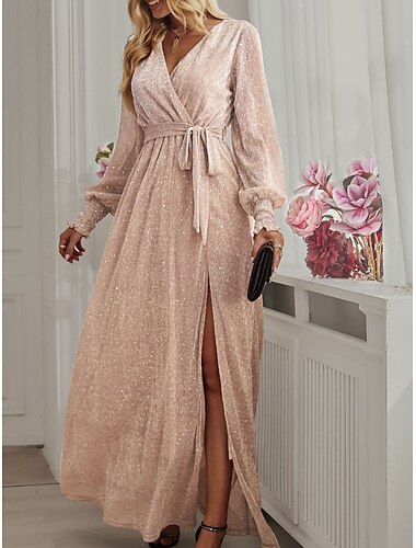  Damen Maxidress abendkleider Wickelkleid A Linie Kleid Elegant Stilvoll Party Verlobung Cocktailparty Regular Fit Glatt Langarm V Ausschnitt Champagner Wein Sommer Frühling Herbst