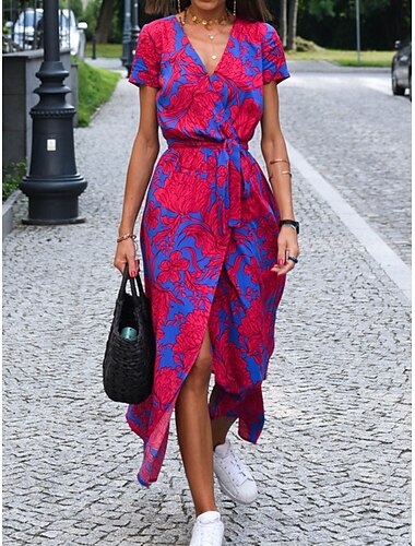  Women's Maxi Dress Casual Dress Boho Chic Dresses Bohemia Cute Stylish Vacation Daily Beach Loose Fit Graphic Short Sleeve V Neck Blue Green Rainbow Summer Spring Fall