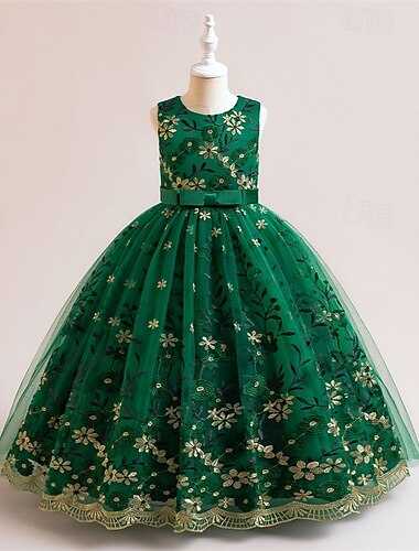  Copii Fete Rochie de petrecere Floral Fără manșon Performanță Zi de Naștere Plasă Nodul cravatei Frumoasa Dulce Poliester Maxi Rochie de petrecere Rochie leagăn Rochie A line Vară 4 ani + Șampaniu