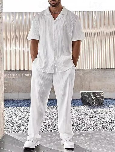  Hombre 2 Piezas Conjunto de camisa Conjuntos a juego Camisa casual Abotonar la camisa Negro Blanco Marrón Color Caquí Manga Corta Plano cuello de campamento Vacaciones Diario Ropa Moda Casual