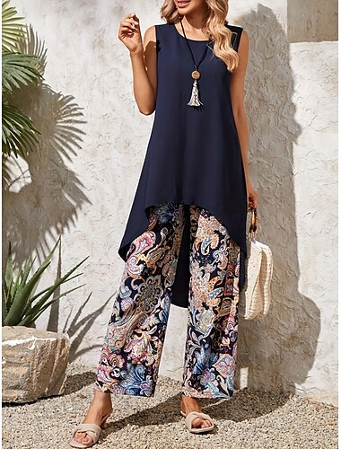 Dames Modieus Streetwear Dagelijks Singlet Camis Broek met wijde pijpen Mouwloos Strakke ronde hals Paisley Afdrukken Casual Dagelijks Marineblauw Lente & Herfst Normale pasvorm