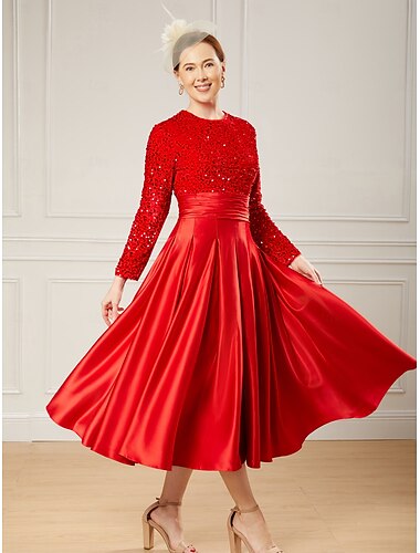  A-Linien-Kleid für die Brautmutter, elegant, Rundhalsausschnitt, bodenlang, Satin, lange Ärmel, mit Falten, Pailletten, 2025