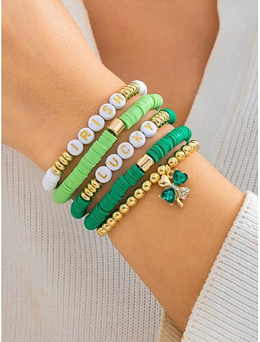  pulseiras de amuleto da sorte do dia de São Patrício – conjunto de pulseiras elásticas com contas verdes irlandesas para mulheres, acessórios festivos de férias com detalhes de trevo e letras