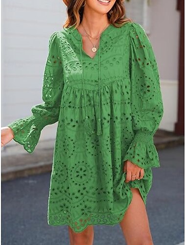  Damen Maxikleid Freizeitkleid Baumwolle Maxikleid Basic Casual Urlaub Alltag Regular Fit einfarbig Kurzarm V-Ausschnitt Blau Grün Sommer