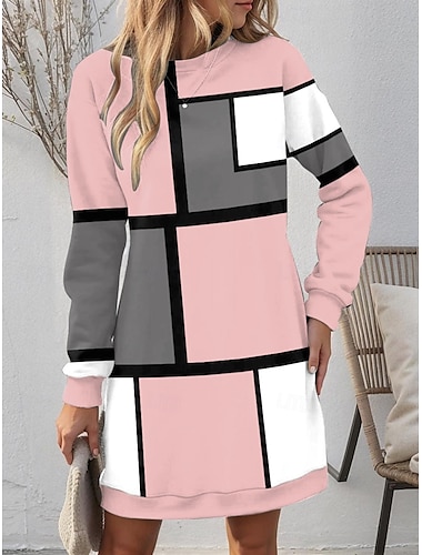  Mujer Mini vestido Vestido sudadera Vestido informal Vestido de invierno Mini vestido Casual Vacaciones Trabajo Calle Ajuste regular Plaid Cuello Barco Rosa Otoño Invierno