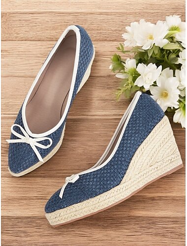  Bequeme, lässige, blaue Damenschuhe mit geflochtenem Keilabsatz und Schleife, perfekt für Freizeitausflüge, Strand und Urlaub
