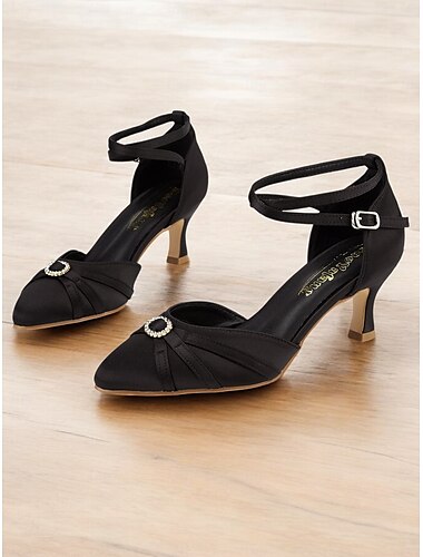  Damen-Pumps im Vintage-Stil aus schwarzem Synthetik-Satin mit Fesselriemchen - elegante Schuhe mit spitzer Spitze für Hochzeiten und formelle Anlässe