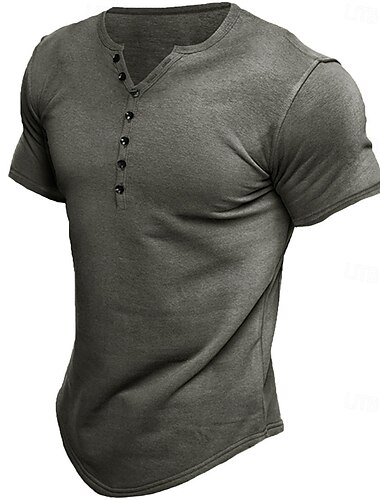  男性用 Tシャツ ヘンリートップ 半袖 純色 平織り ヴィンテージ 日常 ボタン ヘンリー アウトドア カジュアル 日常 夏 春 & 秋 ブラック ホワイト グレー ヘンリーTシャツ