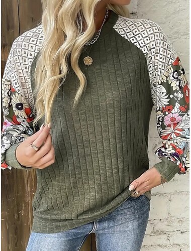  Damen Hemd Bluse Blumen Stilvoll Brautkleider schlicht Langarm Rundhalsausschnitt Normale Oberteile Täglich Patchwork Bedruckt Rote Grün Sommer Frühling Herbst