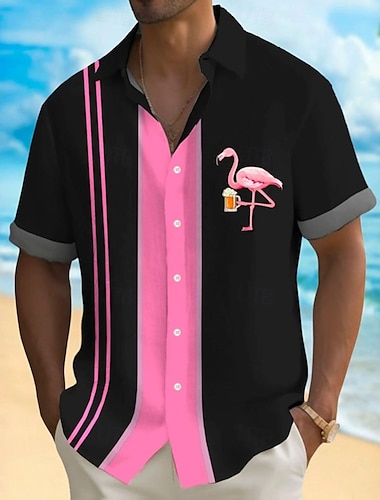 Herr Flamingo Bowlingskjorta Knapp upp skjorta Aloha skjorta Kortärmad Hawaiisk Tillflykt Semester Ledigt Sommar Vår Nedvikt Knappen uppåt Svart Vit