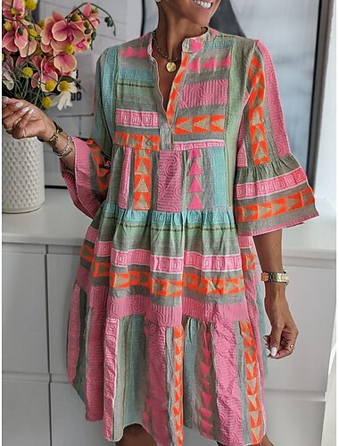  Damen Minikleid Casual kleid Boho-Kleid Stilvoll Brautkleider schlicht Urlaub Täglich Regular Fit Geometrisch 3/4 Ärmel V Ausschnitt Rosa Frühling Herbst