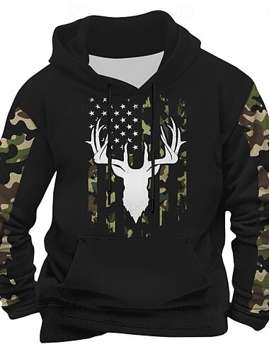  Hombre Venados Sudaderas Sudadera Abrigos Manga Larga Sudadera con capucha Cuello Barco Étnico Impresión 3D Festivos Caza Negro Azul Marino Correa Otoño Invierno Diseñador