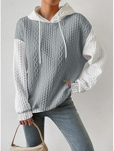  Mulheres Pulôver Moletom Com Capuz Bloco de cor Casual Manga Longa Com Capuz Tops regulares Rua Dia a Dia Patchwork Preto Cinzento Primavera Outono