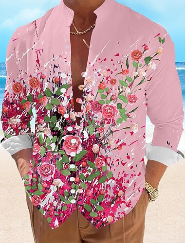  Valentinstag Herren Blumen Freizeithemd Knopfhemd Langarm Resort Urlaub Lässig Sommer Frühling V Ausschnitt Knopf hoch Weiß Rosa Blau Grün