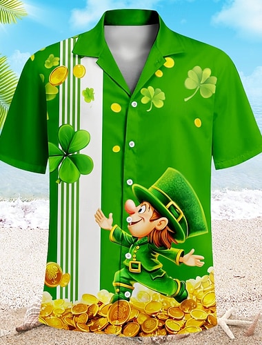  St. Patrick Herren Shamrock Goldmünze Freizeit Hemd Kurzarm Freizeit St. Patrick's Day Sommer Frühling Umlegekragen Knopf-Down Schwarz Grün