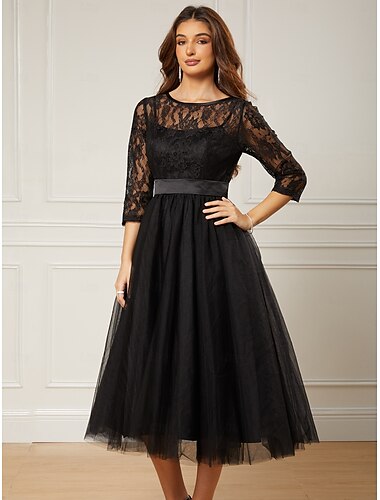 Φόρεμα Κοκτέιλ A-Line Elegant Φόρεμα Halloween Μήκος Ποδαρικού 3/4 Μισό Μπισκότο Jewel Neck Φθινόπωρο Γάμος Επισκέπτης Τούλι με Πτυχώσεις Derby Dresses 2025
