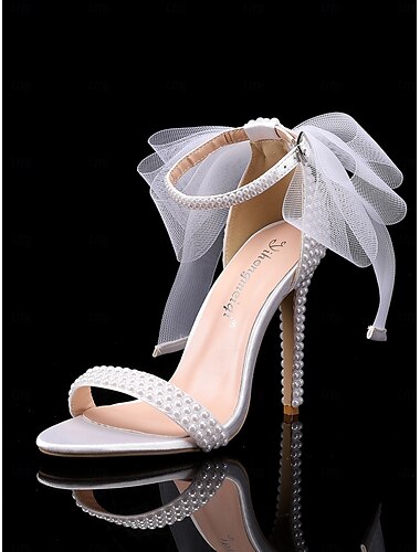 Tacones de boda para mujer con adornos de perlas blancas, lazo y correa en el tobillo: elegantes zapatos de novia para bodas y eventos formales