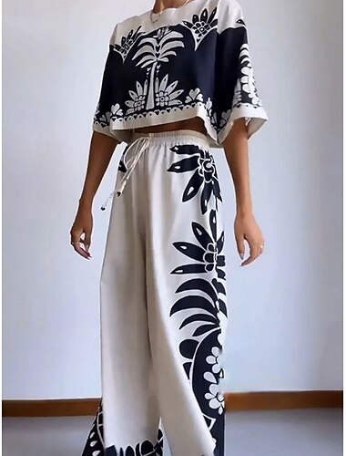  Mujer Moda Ropa de calle Diario Blusa Pantalones de pierna ancha Manga 3/4 Cuello Barco Floral Correa Casual Diario Blanco Primavera & Otoño Ajuste regular