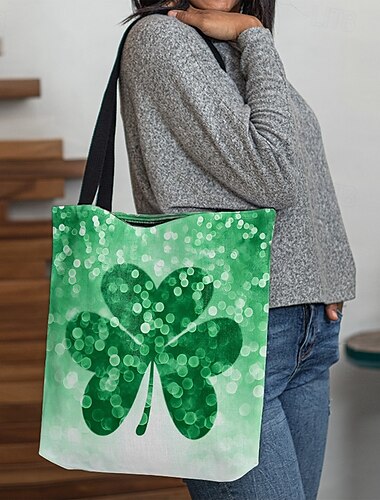  Damen-Tragetasche mit großem Fassungsvermögen und Kleeblatt-Aufdruck zum St. Patrick's Day – leicht und wiederverwendbar zum Einkaufen, für den täglichen Gebrauch und festliche Anlässe Weiß / Grün Hellgrün Dunkelgrün