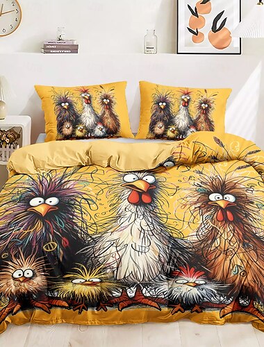  Lustiges Bettbezug-Set mit Hahn, 100 % Baumwolle, weiches und bequemes Bettwäsche-Set mit lustigem Hahn-Aufdruck, gemütlich und stilvoll, perfekt als Schlafzimmer-Dekor, pflegeleicht und maschinenwaschbar
