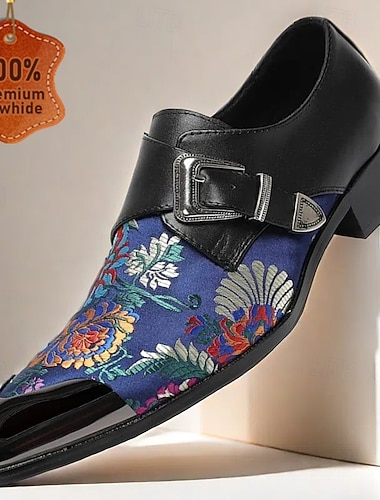  førsteklasses okseskinn og jacquardstoff for menn med blomsterbroderte munkesko med tåhette i metall, stilig formell fottøy med spenndetalj, perfekt for forretninger, fester og spesielle anledninger