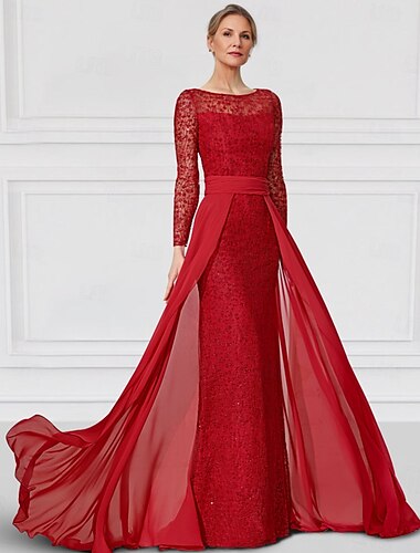 シース／コラムドレス 花嫁の母のドレス エレガントなボートネック フロアレングス シフォン レース ロングスリーブ レース付き 無地