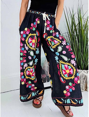  Femme Ample Chino Mode Vêtement de rue Toute la longueur Taille haute Floral Poche Ceinture élastique Confortable Doux Micro-élastique Extérieur Plein Air Noir Printemps & Automne Standard