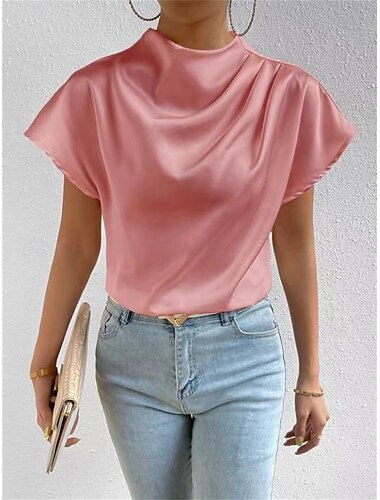  Femme Chemisier Couleur unie du quotidien mode Décontractées Manche Courte Col Ras du Cou Hauts réguliers du quotidien Patchwork Noir Blanche Rose Claire Eté Printemps Automne