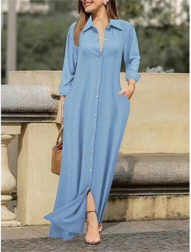  Elegantes Maxikleid für Damen mit Knöpfen, V-Ausschnitt, lange Ärmel, schwarz, weiß, rot